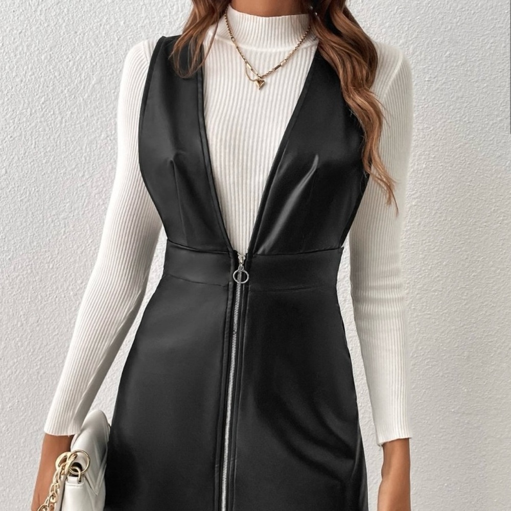 Black Casual Womens Zip Up PU Overall Dress
